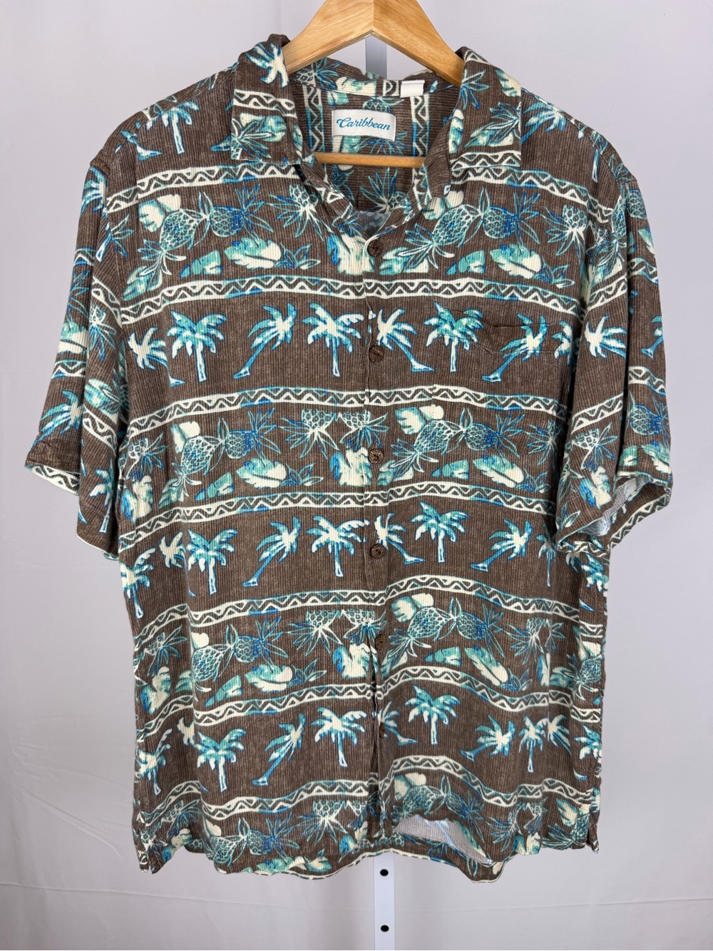 Caribbean Hawaiian Shirt L Brown Blue Rayon Palm Pineapple Tiki Aloha